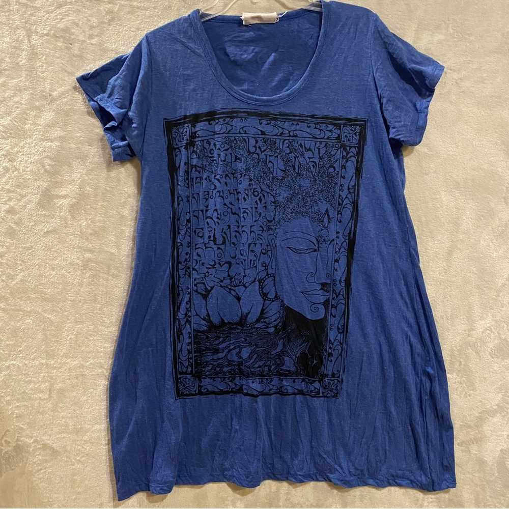 Pink Lotus Dress Women’s Blue Cotton Bayan Buddha Tee Midi Crewneck Pullover Zen